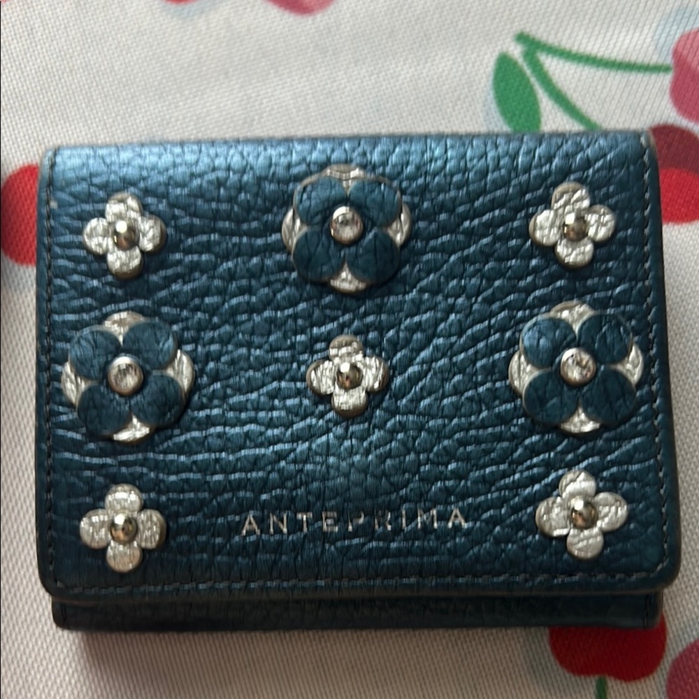 ANTEPRIMA Blue Metallic Studded Leather Tri-Fold Wallet EUC!!